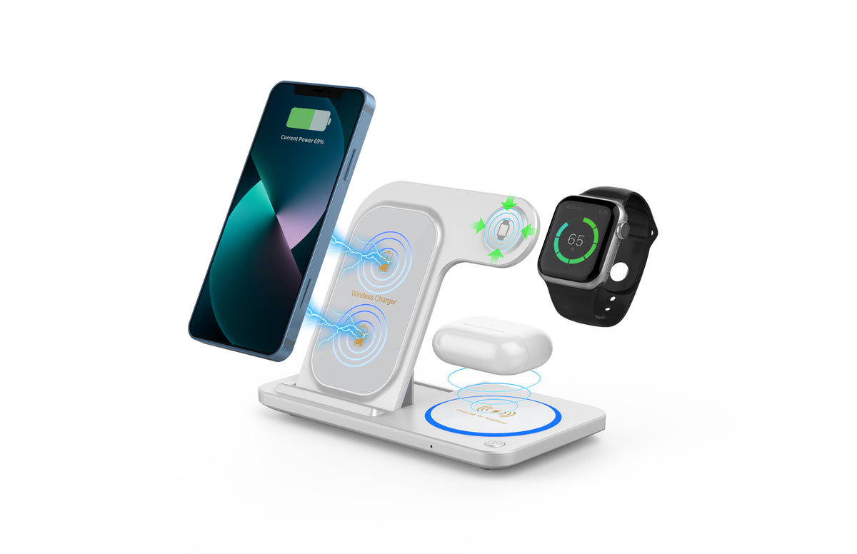 Geryst 3-in-1 Wireless Charging Station, 22W Fast Charging Stand, Qi Certified Wireless Charger for iPhone 8-18Pro Max, Apple Watch 7/8/9/10 SE, AirPods 2/3/4 Pro, Samsung/Huawei, Portable Charger, White
