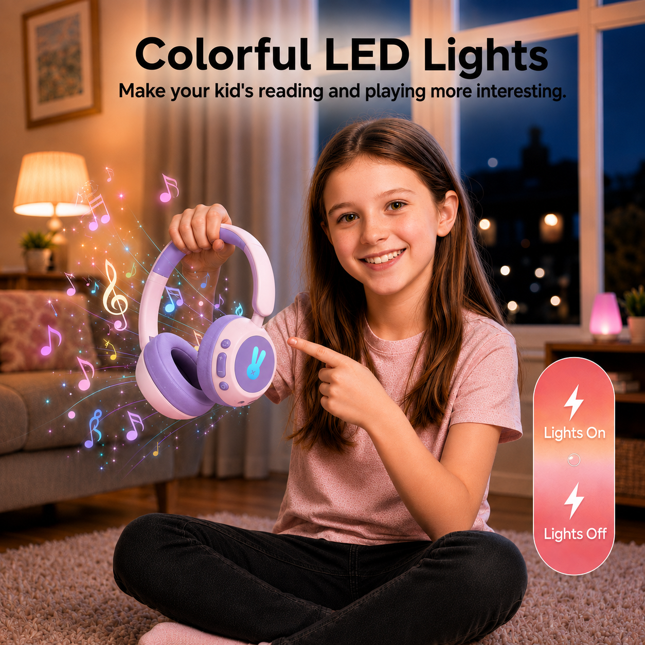 Kids Bluetooth Headphones with Microphone, 3 Safe Volume Modes 74/84/95dB, 48H Battery LED Light Up Foldable Over-Ear Wireless Headset with Audio Cable for Online Learning & Travel