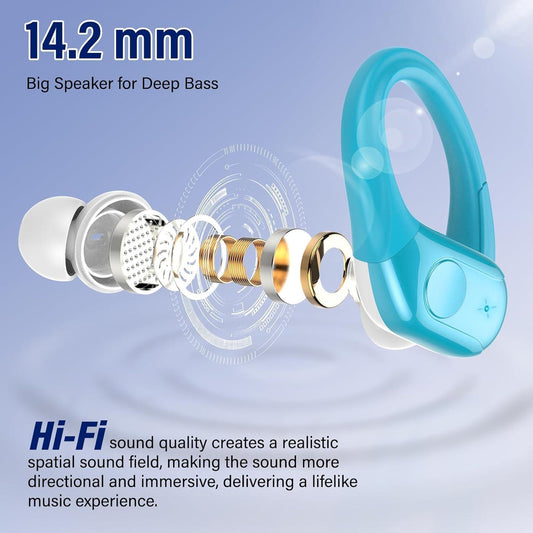 Qecnato Wireless Earbuds Bluetooth 5.4 Headphones 75H Stereo Deep Bass Sports Over Ear Buds with Earhooks, LED Display Bluetooth Earbuds with 4 ENC Mic, IP7 Waterproof Earphone for Running, Blue