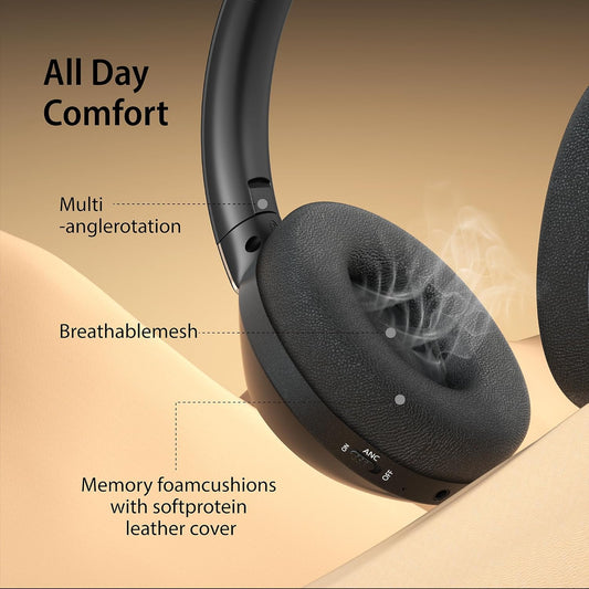 VEKJ Active Noise Cancelling Headphones, 100H Playtime Headphones Wireless Bluetooth, Audio headphones with Microphone, Over- Ear Wireless Headphone with Deep Bass,Fast Charging for Travel,Office,Home