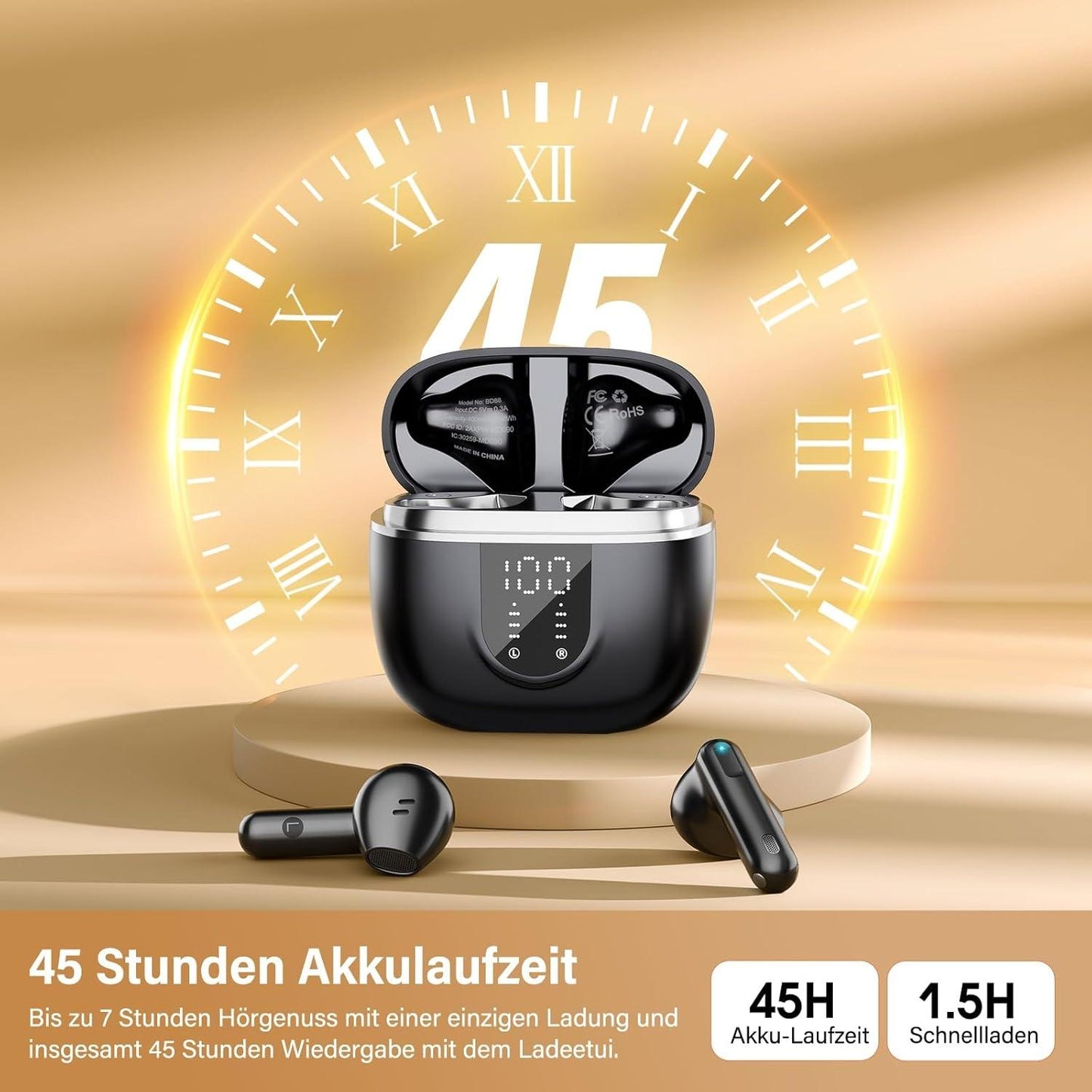 ZHINDVIS Wireless Bluetooth 5.4, Hi-Fi Sound In-Ear Headphones with ENC Noise Cancelling, 45 Hours Playtime, LED Display, IP7 Waterproof Earphones for Work and Study, Black