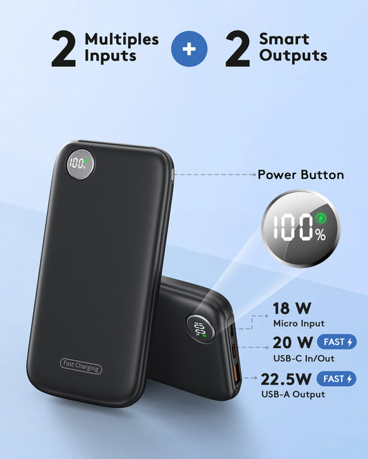 Btootos Fast Charging Power Bank, 10000mah Portable Charger for iPhone, 22.5W USB C in&Out Battery Pack Phone Charger Portable, Slim Powerbank for iPhone 17/16/15 Series, Samsung, Google,Android