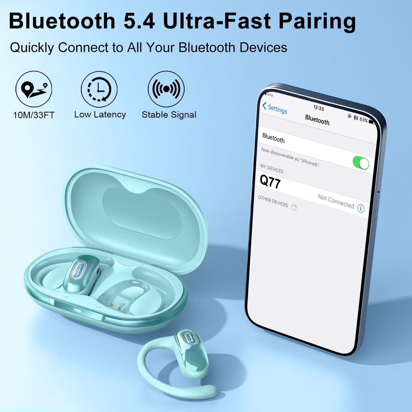 Geryst Open Ear Headphones, Open Ear Earbuds with Comfortable Earhook, 58H HiFi Stereo Bone Conduction Earbuds with Mic, Noise Cancelling,Bluetooth 5.4 Earphones, IP7 Waterproof Wireless Earbuds for Workout