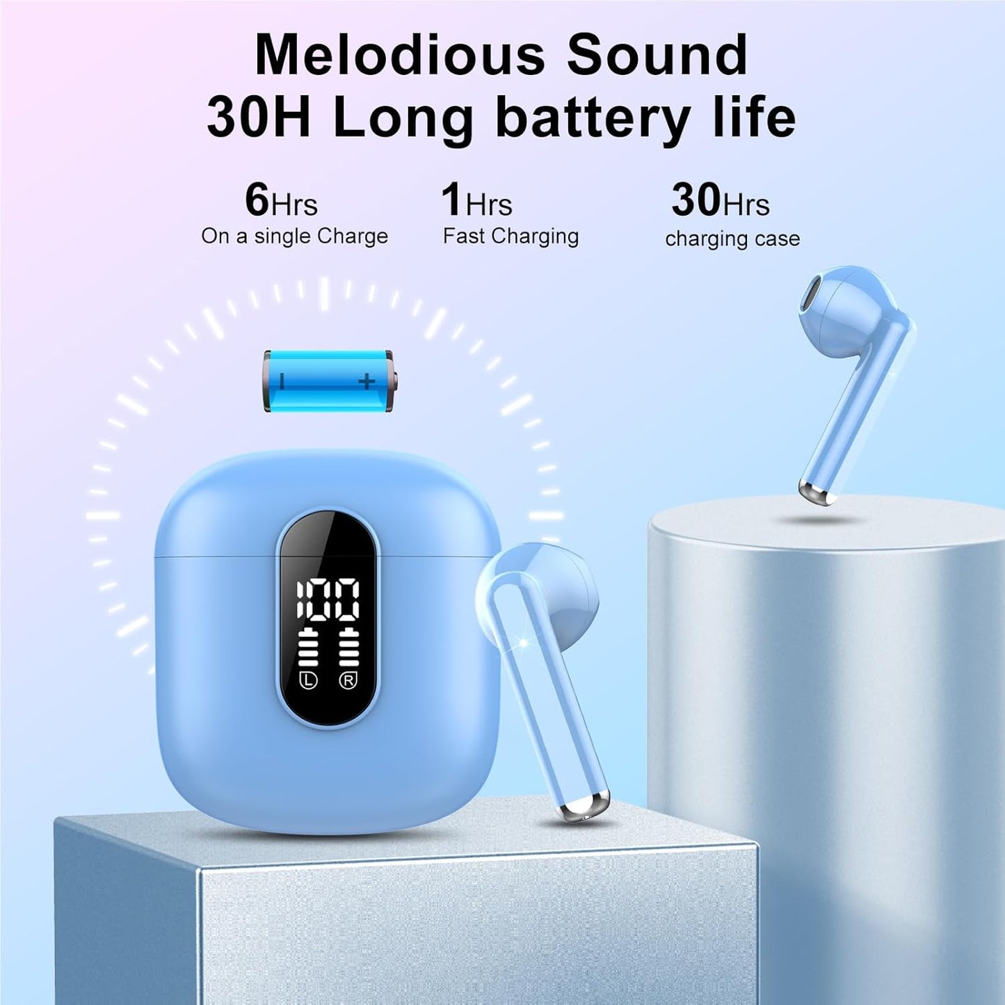 Wireless Headphones, Bluetooth 5.3 Wireless Earbuds with Dual LED Display Touch Control, HD Mic HiFi Stereo Sound Mini Ear Buds with 30H Playtime, IPX7 Waterproof Bluetooth Earphones for IOS/Android