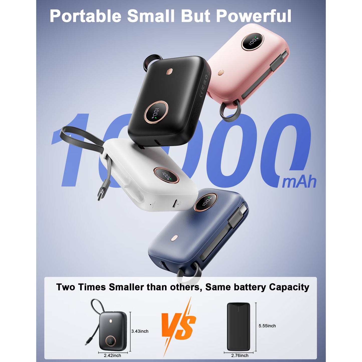 Btootos Power Bank, 10000mAh Mini Portable Charger 22.5W Fast Charging, Ultra Portable Powerbank with Integrated USB C Cable, External Batteries with 3 Output Ports for iPhone Samsung Xiaomi Android iPad