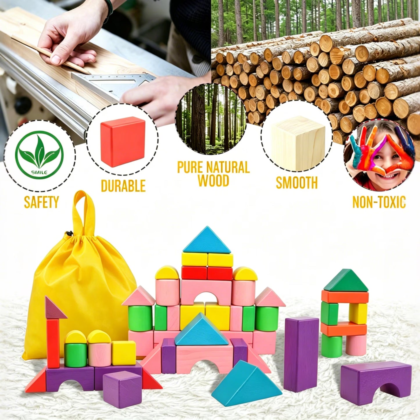 TGGPL Wooden Building Blocks, 50-Piece Set of Sorting & Stacking Toys, Montessori Wood Block Gifts For Preschool Boys & Girls, Classic Toddler Toys for Girls & Boys Ages 2+
