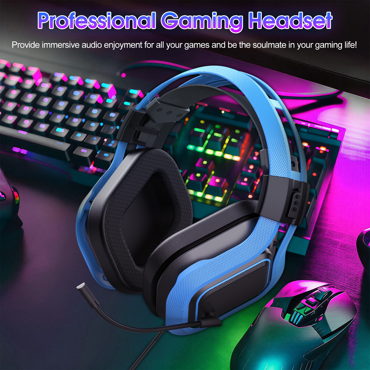 Geryst Gaming Headset with Microphone for PS4, PS5, Xbox Headset, 7.1 Surround Sound Sound, Noise Canceling Mic, 40mm Drivers Soft Earmuffs Over Ear Headphones for Nintendo, Xbox Series X/S, Laptop, Blue