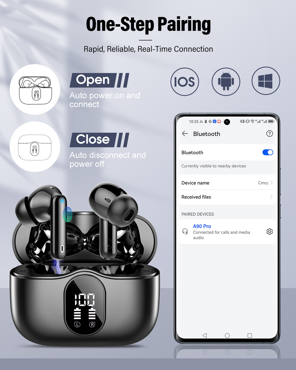 Btootos Wireless Earbuds, Bluetooth 5.4 Headphones Bass Stereo, Ear Buds with Noise Cancelling Mic, LED Display in Ear Earphones Clear Calls, IP7 Waterproof Bluetooth Earbuds for Phones/Sports/Laptop, Black