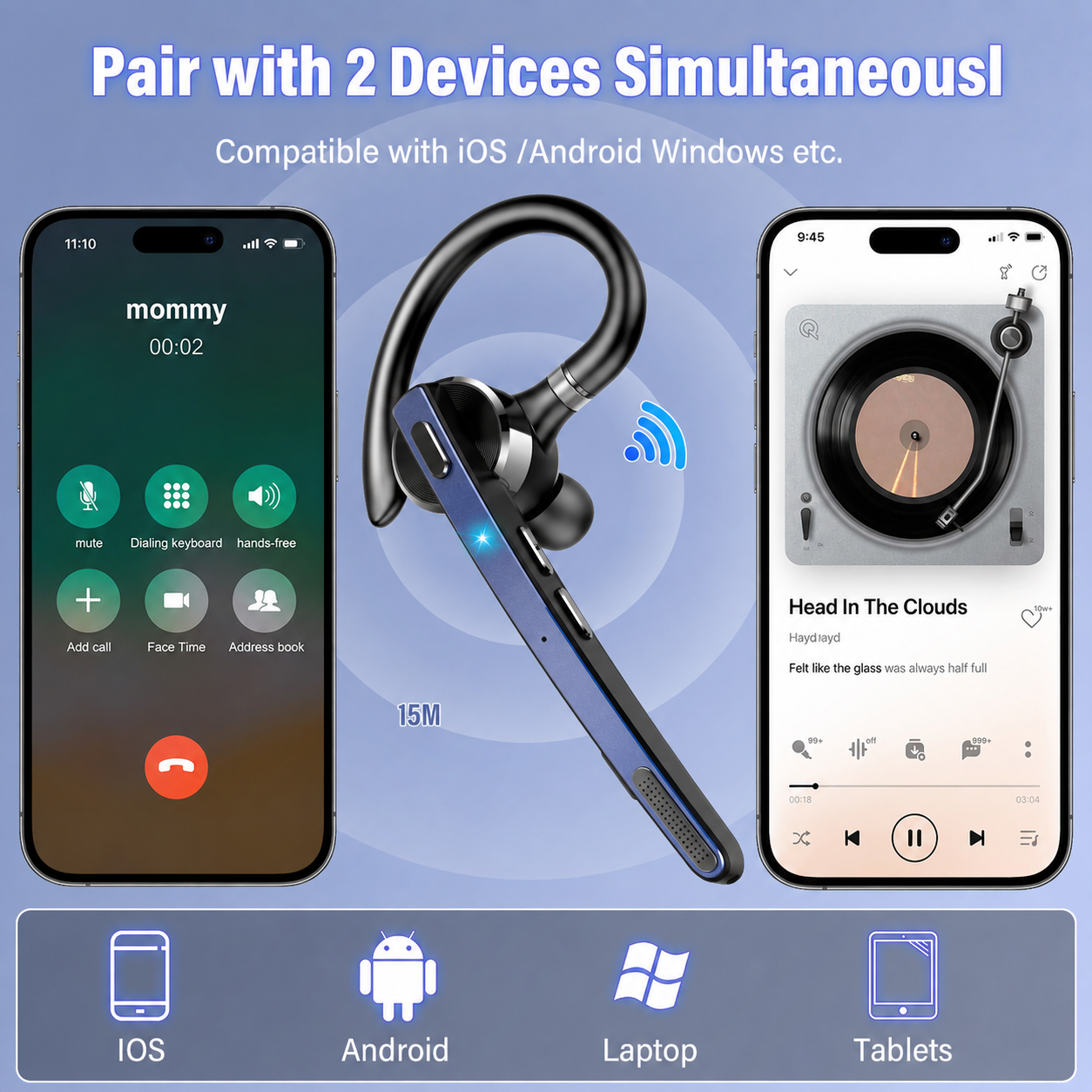 Btootos Bluetooth Headset, Single-Ear Bluetooth Earpiece with ENC Mic with HiFi Stereo Sound, 90 Hours Talking Time Wireless Headset V5.3 with 400mAh Charging Case for iOS Android Cell Phones, Black