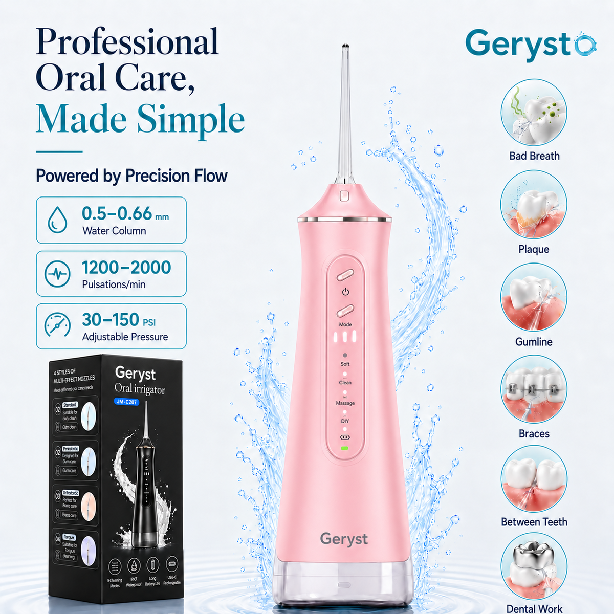 Water Flosser Portable Oral Irrigator, 5 Modes DIY Adjustable Pressure, Detachable Transparent Water Tank, IPX7 Waterproof USB Rechargeable Dental Teeth Cleaner for Braces Sensitive Gums Home Travel