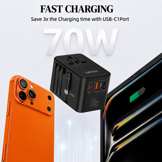 70W Universal Travel Adapter, 5-in-1 International Power Adapter with Retractable USB-C Cable, PD 3.0 Dual USB, Type A C G I Plugs for EU, US, UK, Australia and 200+ Countries, Fast Wall Charger