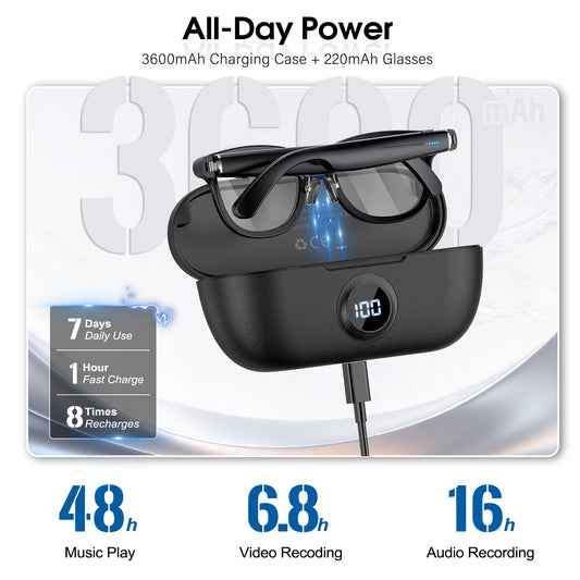 Geryst G1 AI Smart Glasses with Charging Case, 8MP HD Camera Glasses for Men Women, 1200P Video Recording Glasses, Open-Ear Speakers for Audio, Video Recording and Bluetooth, 3 Lens Sets