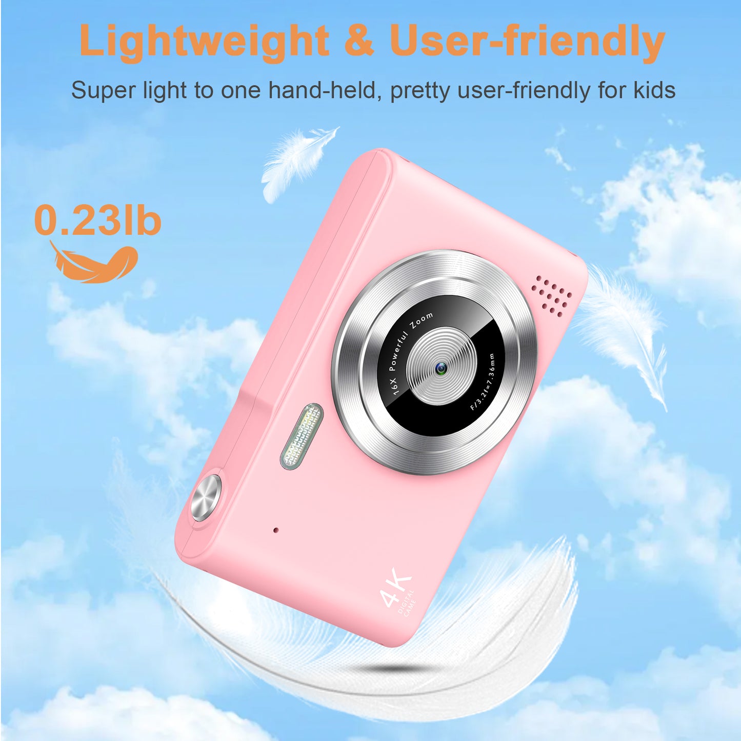 Geryst Digital Camera, Camera for Kids, UHD 4K 48MP Point and Shoot Digital Cameras with 64GB SD Card and 16X Digital Zoom Anti Shake, Compact Portable Small Gift for Boys Girls Students, Pink