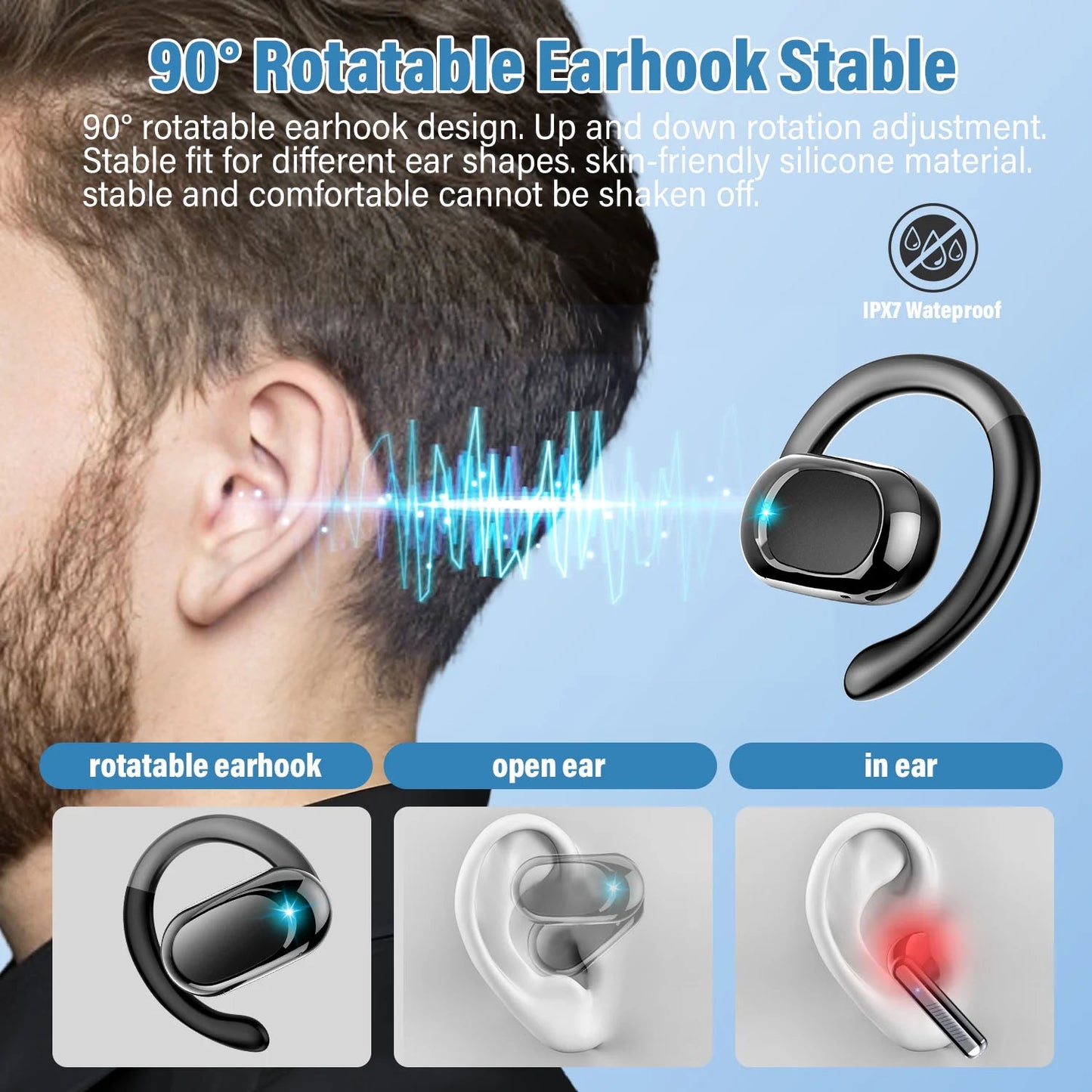 BTOOTOS Open Ear Earbuds, Bluetooth 5.4 Headphones, HD Stereo Bass Wireless Earphones with Earhooks, 58Hrs Playtime, IP7 Waterproof for Fitness, Cycling, Sports