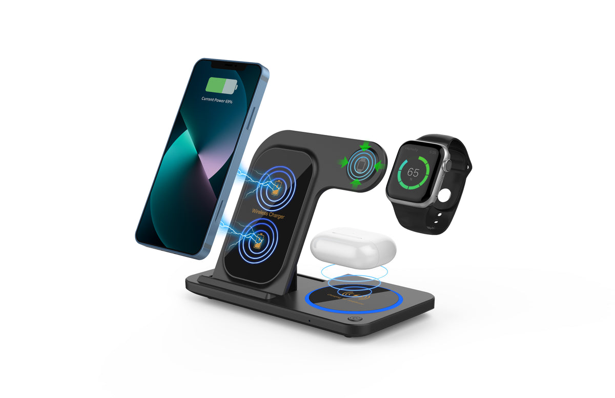 Geryst 3-in-1 Wireless Charging Station, 22W Fast Charging Stand, Qi Certified Wireless Charger for iPhone 8-18Pro Max, Apple Watch 7/8/9/10 SE, AirPods 2/3/4 Pro, Samsung/Huawei, Portable Charger, Black