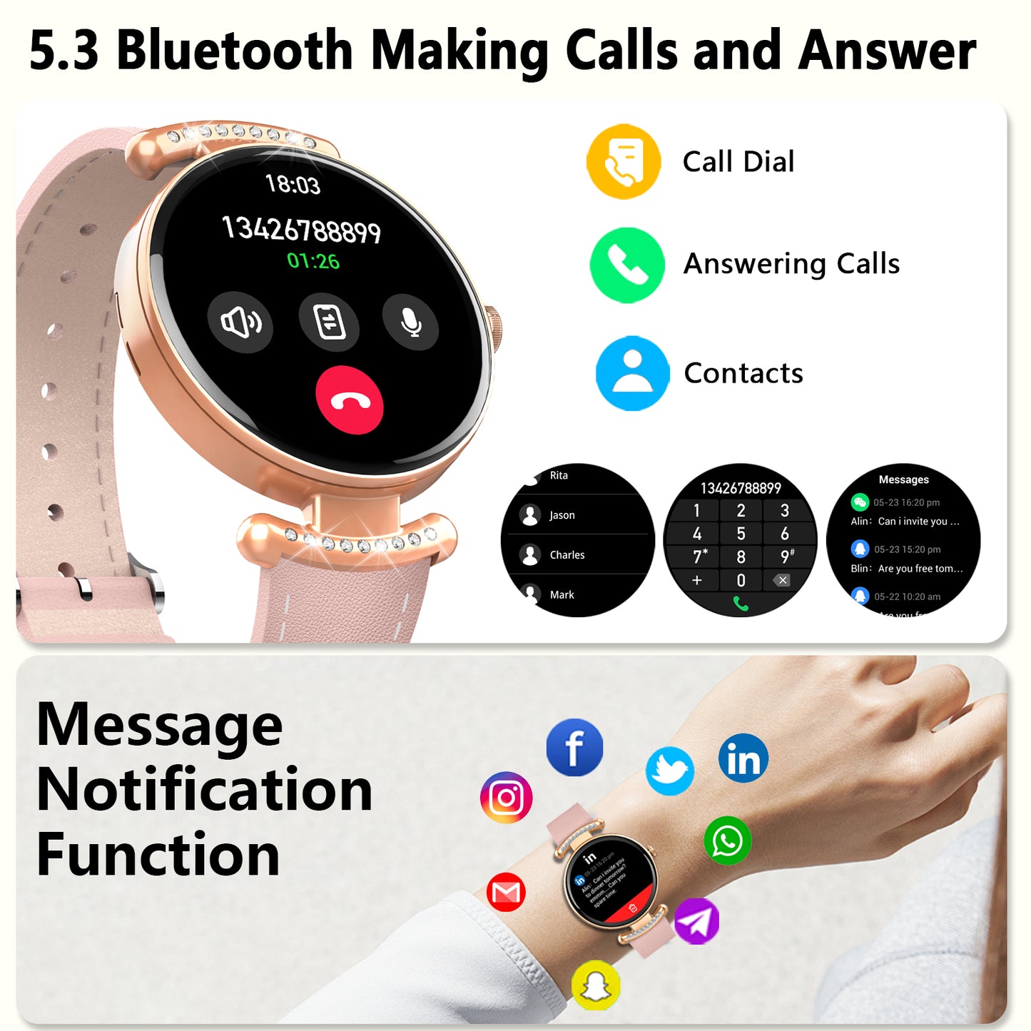 Geryst Smart Watches for Women, 1.2'' AMOLED HD Round Screen Fitness Trackers with Bluetooth Call (Answer/Make/Text), 100+ Sports Mode, IP68 Waterproof Women Smart Watch for Android IOS