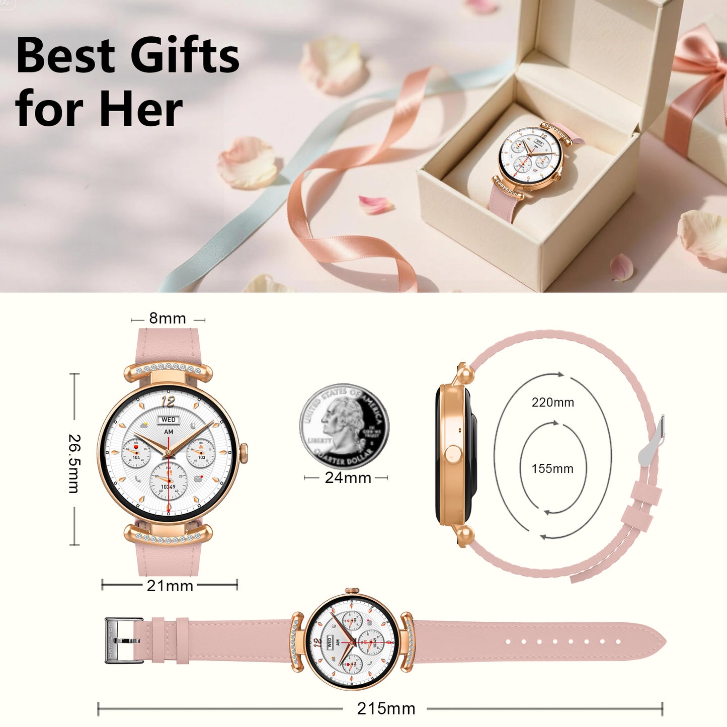 Geryst Smart Watches for Women, 1.2'' AMOLED HD Round Screen Fitness Trackers with Bluetooth Call (Answer/Make/Text), 100+ Sports Mode, IP68 Waterproof Women Smart Watch for Android IOS