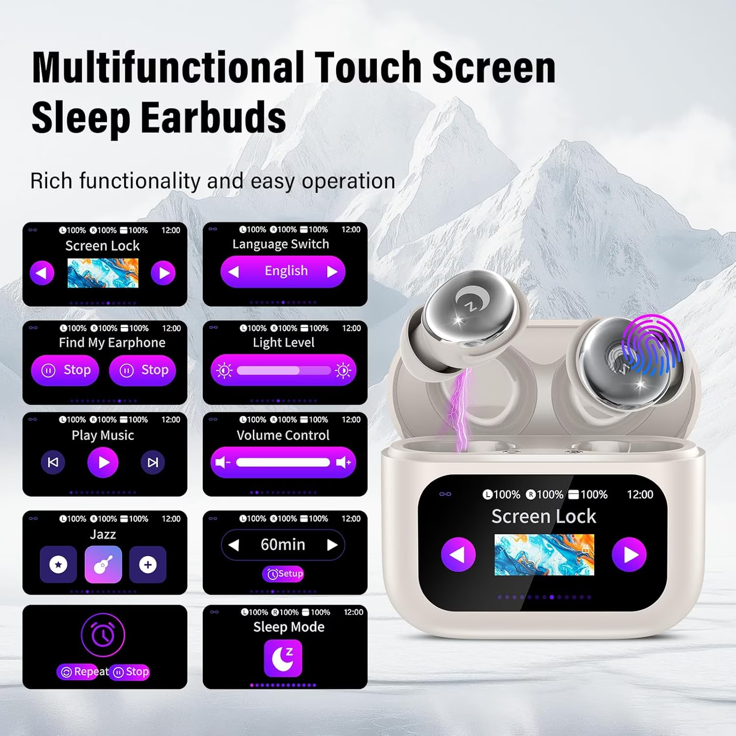 Btootos Sleep Earbuds Bluetooth 5.4 in Ear Smart Touch Screen Headphones, 48H Noise Cancelling Ear Buds with 5 EQ Modes, Mini Wireless Headphones Small Design for Side Sleepers, Clear Calls Earphones, IPX7