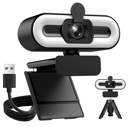 Geryst 2K HD Webcam with Autofocus, 3-Level Ring Light, 0.01Lux Low-Light Vision, 108° Wide-Angle USB Web Camera, Dual Noise-Canceling Mics, Privacy Cover & Tripod for PC Laptop, Streaming, Meetings, Black