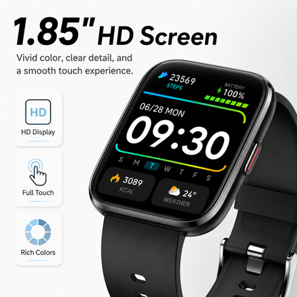Btootos Smart Watch for Men Women, 1.85-inch HD Fitness Tracker with Bluetooth Calls, Sleep Tracking, 110+ Sports Modes, IP68 Waterproof, Android and iPhone