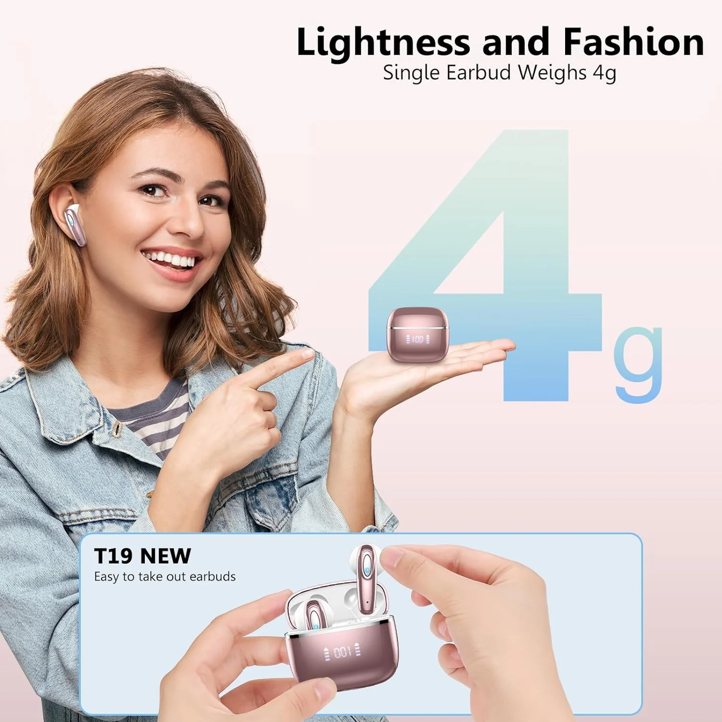Mugo Wireless Earbud, Bluetooth Headphones 5.3 Built in 4 ENC Mic, Stereo Bass Wireless Earphones, 40H Bluetooth Earbud in-Ear LED Display, USB-C, IP7 Waterproof Sports Ear Buds for Android iOS, Rose Gold
