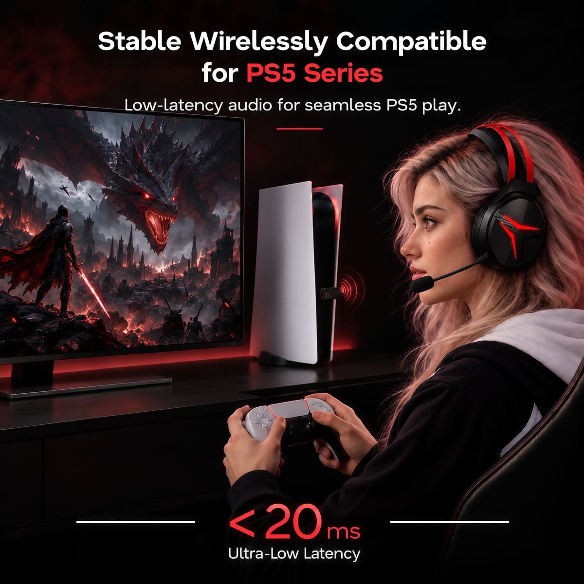 Geryst 2.4GHz Wireless Gaming Headset for PS5/PS4/Switch/PC, Bluetooth Over Ear Gaming Headphones with USB-C Wired Mode, 20ms Low Latency, 50mm Drivers, Noise Cancelling Mic, 40H Battery, Red LED Lights