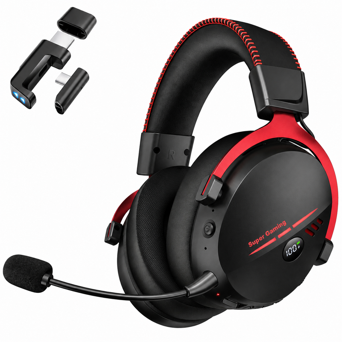 Geryst 2.4GHz Wireless Gaming Headset for PS5, PS4, Switch, PC, Bluetooth 6.0 over Ear Gaming Headphones with Detachable Mic, HD Stereo Sound, 50mm Drivers, LED Digital Display, RGB Lighting, 100H Playtime