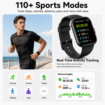 Btootos Smart Watch for Men Women, 1.85-inch HD Fitness Tracker with Bluetooth Calls, Sleep Tracking, 110+ Sports Modes, IP68 Waterproof, Android and iPhone