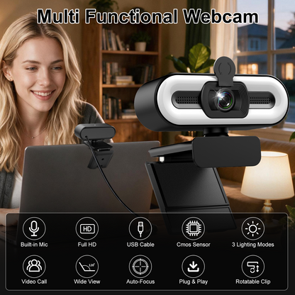 Geryst 2K HD Webcam with Autofocus, 3-Level Ring Light, 0.01Lux Low-Light Vision, 108° Wide-Angle USB Web Camera, Dual Noise-Canceling Mics, Privacy Cover & Tripod for PC Laptop, Streaming, Meetings, Black