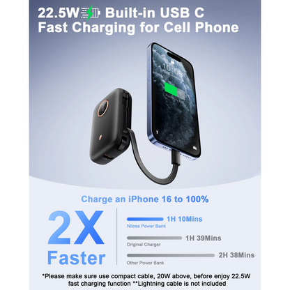 MUGO Portable Charger, 22.5W 10000mAh Small Power Bank with Built-in USB-C Cable, Fast Charging Mini Battery Pack Travel Essentials, for iPhone 16 15 14 13 12 11 Samsung Android etc