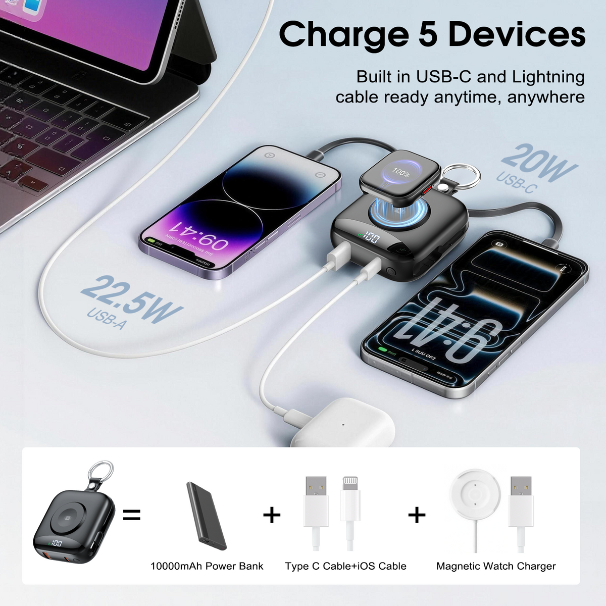Btootos 10000mAh Portable Charger, Power Bank with Built-in Usb-c/Usb-a Cables, 22.5W Fast Charging, Apple Watch Magnetic Wireless Charger, LED Display, Compact Travel Battery Pack for iPhone Samsung, Black