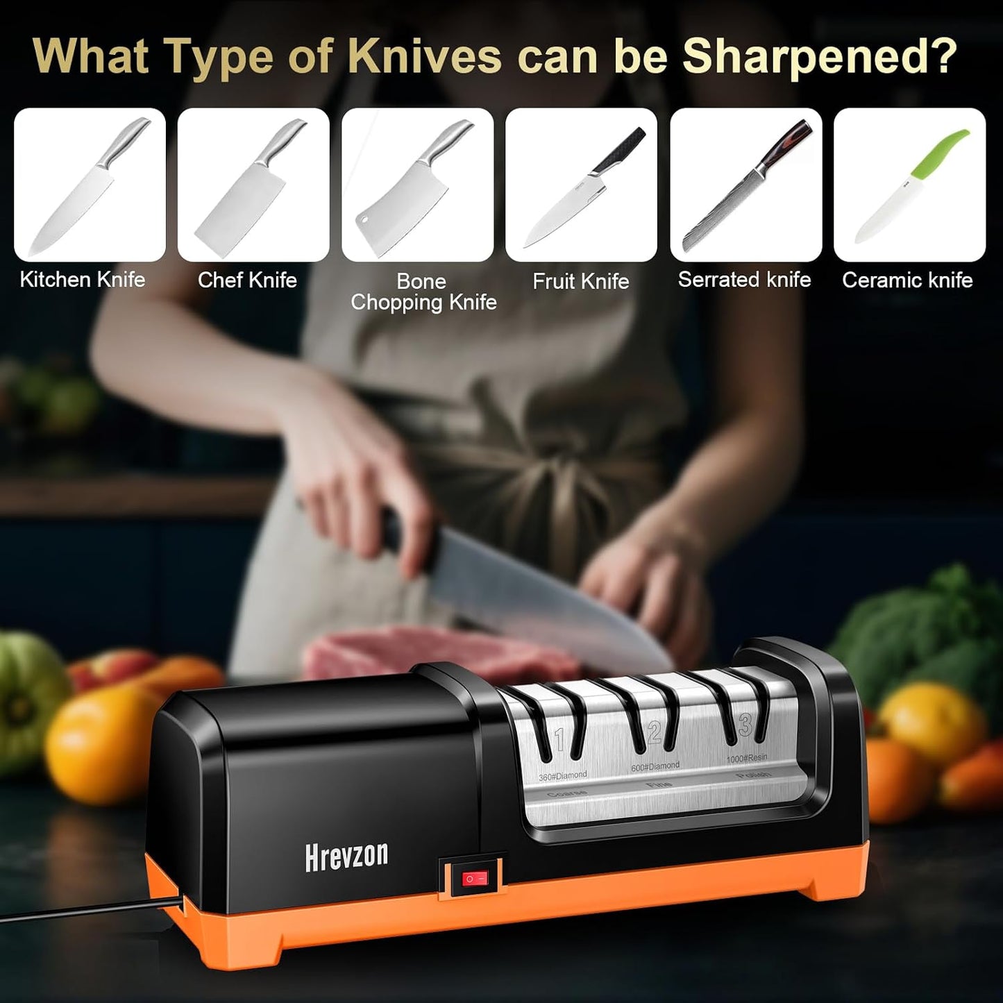 Knife Sharpener, Electric Knife Sharpener, Kitchen Knife Sharpener, Professional 3-Stage System with Diamond Abrasives and Angle Guide for Chef, Santoku, Cleaver, Bread and Ceramic Knives