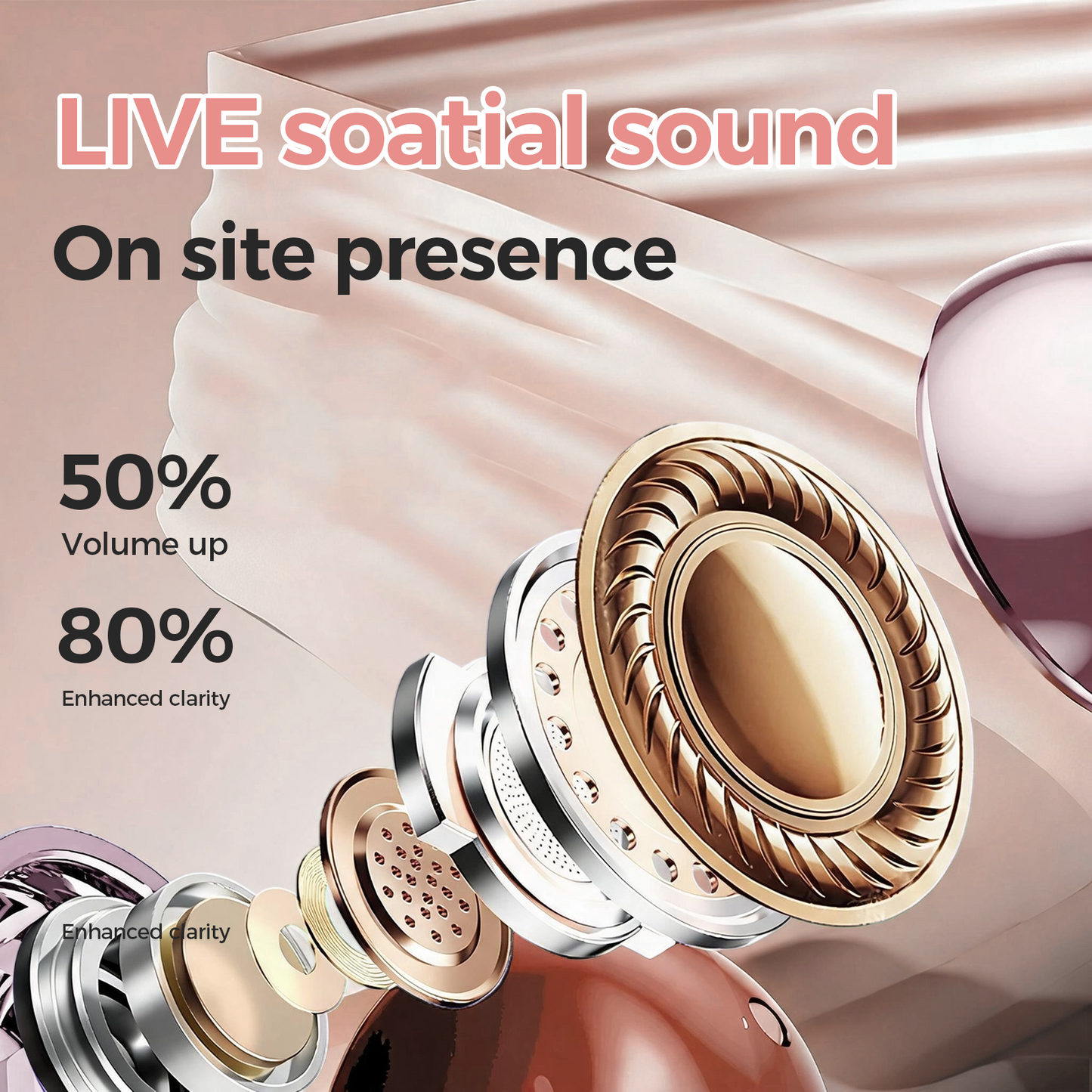 Clip on Earbuds Bluetooth 5.4, Open Ear earbuds Wireless with Mic, Lightweight Comfort, Small-Ear Friendly Bluetooth Earbuds, 60H Sport Ear Buds, IP7 Waterproof Noise Cancelling Headphones, Rose Gold