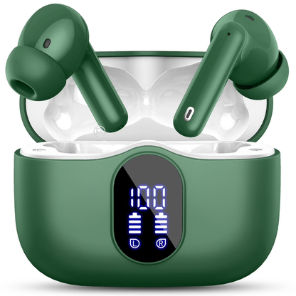 Btootos Wireless Earbuds, Bluetooth 5.4 Headphones Bass Stereo, Ear Buds with Noise Cancelling Mic, LED Display in Ear Earphones Clear Calls, IP7 Waterproof Bluetooth Earbuds for Laptop/Phones/Sports, Green