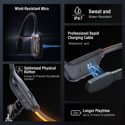 Geryst Bone Conduction Headphones Bluetooth 6.0 Open Ear Headphones with Dual Driver Sound, LED Safety Light, Game Mode & Dual Device Connection, IP67 Sport Headphone for Night Running, Cycling, Workout