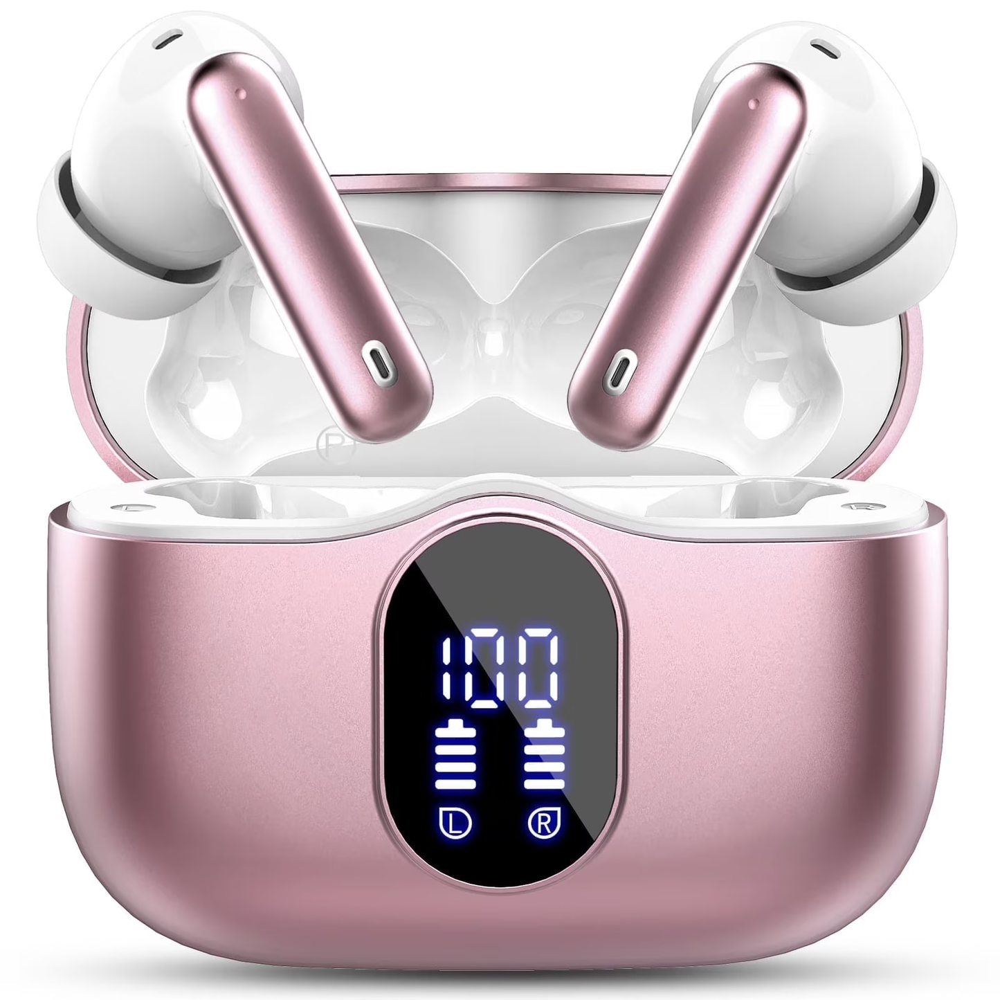 Btootos Wireless Earbuds, Bluetooth 5.4 Headphones Bass Stereo, Ear Buds with Noise Cancelling Mic, LED Display in Ear Earphones Clear Calls, IP7 Waterproof Bluetooth Earbuds for Laptop/Phones, Rose Gold