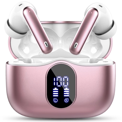 Btootos Wireless Earbuds, Bluetooth 5.4 Headphones Bass Stereo, Ear Buds with Noise Cancelling Mic, LED Display in Ear Earphones Clear Calls, IP7 Waterproof Bluetooth Earbuds for Laptop/Phones, Rose Gold