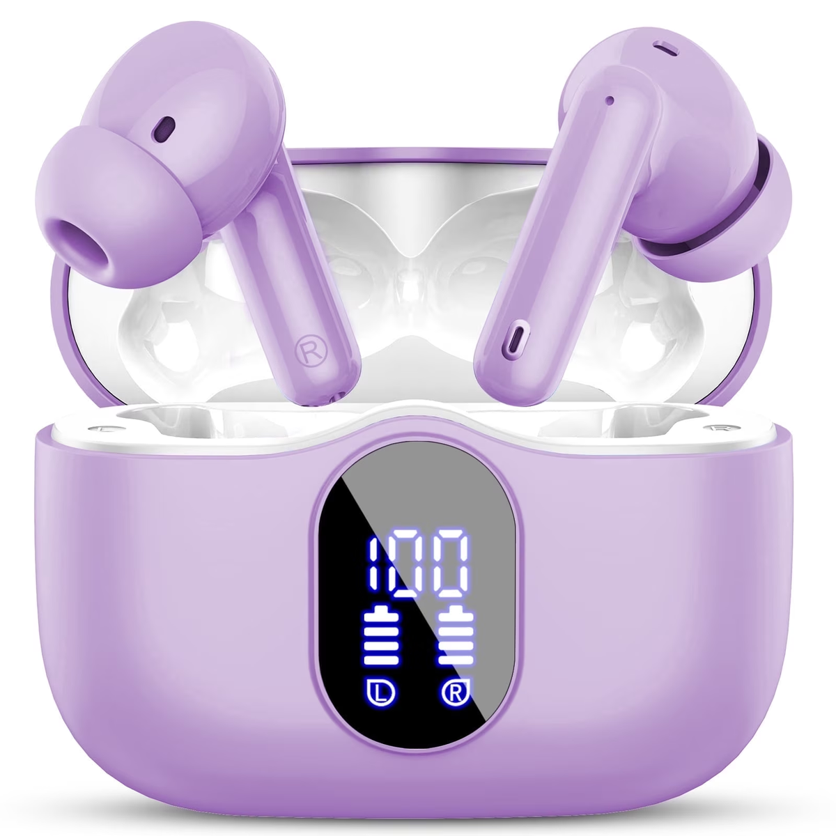 Btootos Wireless Earbuds, Bluetooth 5.4 Headphones Bass Stereo, Ear Buds with Noise Cancelling Mic, LED Display in Ear Earphones Clear Calls, IP7 Waterproof Bluetooth Earbuds for Laptop/Phones/Sports, Purple
