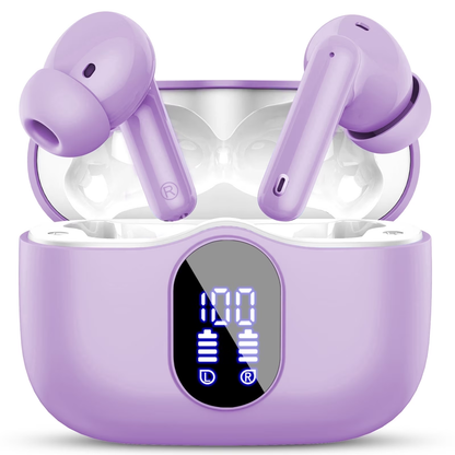 Btootos Wireless Earbuds, Bluetooth 5.4 Headphones Bass Stereo, Ear Buds with Noise Cancelling Mic, LED Display in Ear Earphones Clear Calls, IP7 Waterproof Bluetooth Earbuds for Laptop/Phones/Sports, Purple
