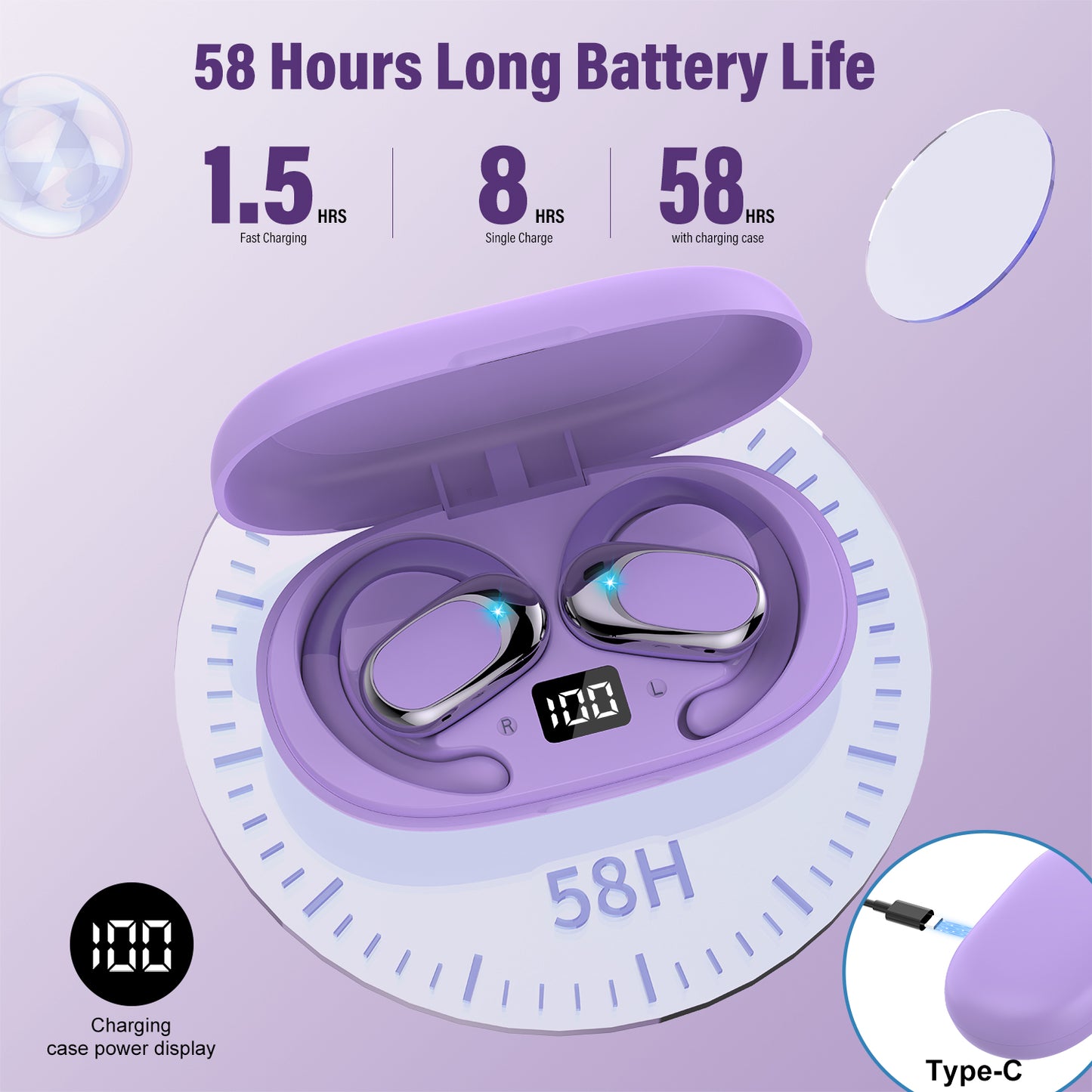 Open Ear Earbuds, Bluetooth 5.4 Headphones, HD Stereo Bass Wireless Earphones with Earhooks, 58Hrs Playtime, IP7 Waterproof for Fitness, Cycling, Sports