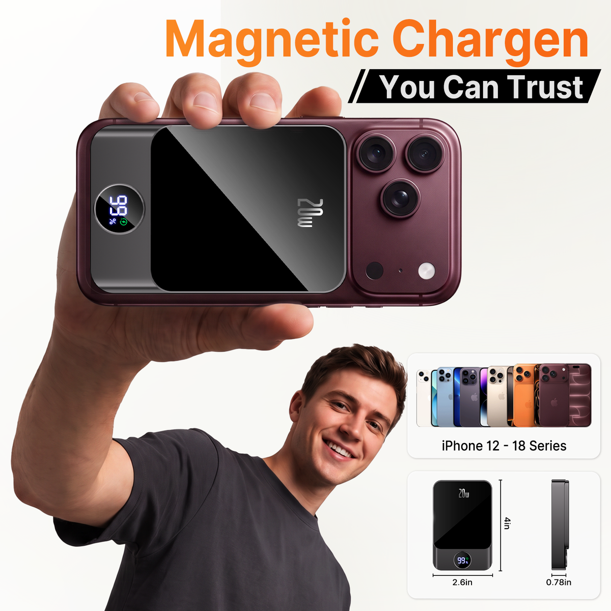 Btootos Magnetic Wireless Portable Charger, 10000mAh Power Bank with PD20w Fast Charging, USB C in&Out Battery Pack, Compatible with Mag-Safe for iPhone 18/17/16/15/14/13 Series, Samsung, Android, and More