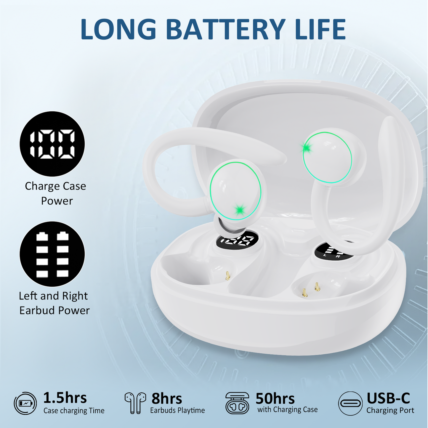 Wireless Earbuds, Bluetooth 5.4 Sports Headphones, 50H Playback Over Ear Earbuds with ENC Noise Cancelling Mic, Deep Bass Fitness Earphones Gym Running Workout with Earhooks, IP7 Waterproof Headset