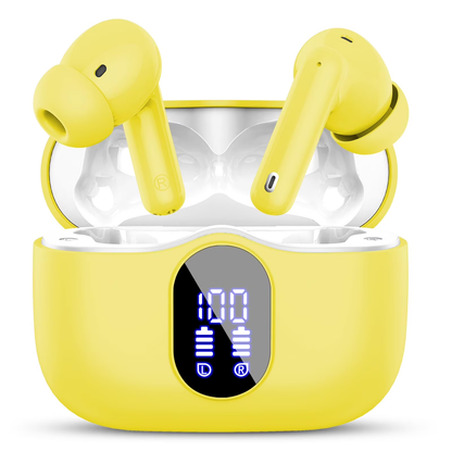 Btootos Wireless Earbuds, Bluetooth 5.4 Headphones Bass Stereo, Ear Buds with Noise Cancelling Mic, LED Display in Ear Earphones Clear Calls, IP7 Waterproof Bluetooth Earbuds for Laptop/Phones/Sports, Yellow