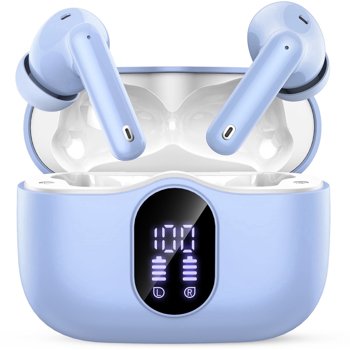 Btootos Wireless Earbuds, Bluetooth 5.4 Headphones Bass Stereo, Ear Buds with Noise Cancelling Mic, LED Display in Ear Earphones Clear Calls, IP7 Waterproof Bluetooth Earbuds for Laptop/Phones, Pale Blue