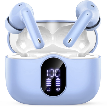 Btootos Wireless Earbuds, Bluetooth 5.4 Headphones Bass Stereo, Ear Buds with Noise Cancelling Mic, LED Display in Ear Earphones Clear Calls, IP7 Waterproof Bluetooth Earbuds for Laptop/Phones, Pale Blue