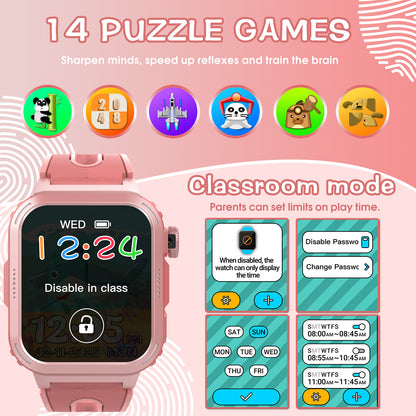 Coucur Kids Smart Watch with Classroom Mode, 1.83 HD Touch Screen Smartwatch for Kids, Learn Cards, Camera, Music Player, 14 Puzzle Games, 100 Sports Modes, IP68 Waterproof, Best Gift for Kids