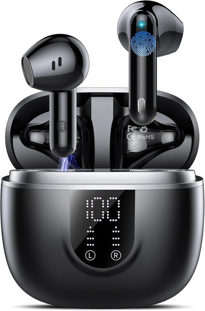 ZHINDVIS Wireless Bluetooth 5.4, Hi-Fi Sound In-Ear Headphones with ENC Noise Cancelling, 45 Hours Playtime, LED Display, IP7 Waterproof Earphones for Work and Study, Black