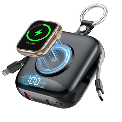Btootos 10000mAh Portable Charger, Power Bank with Built-in Usb-c/Usb-a Cables, 22.5W Fast Charging, Apple Watch Magnetic Wireless Charger, LED Display, Compact Travel Battery Pack for iPhone Samsung, Black