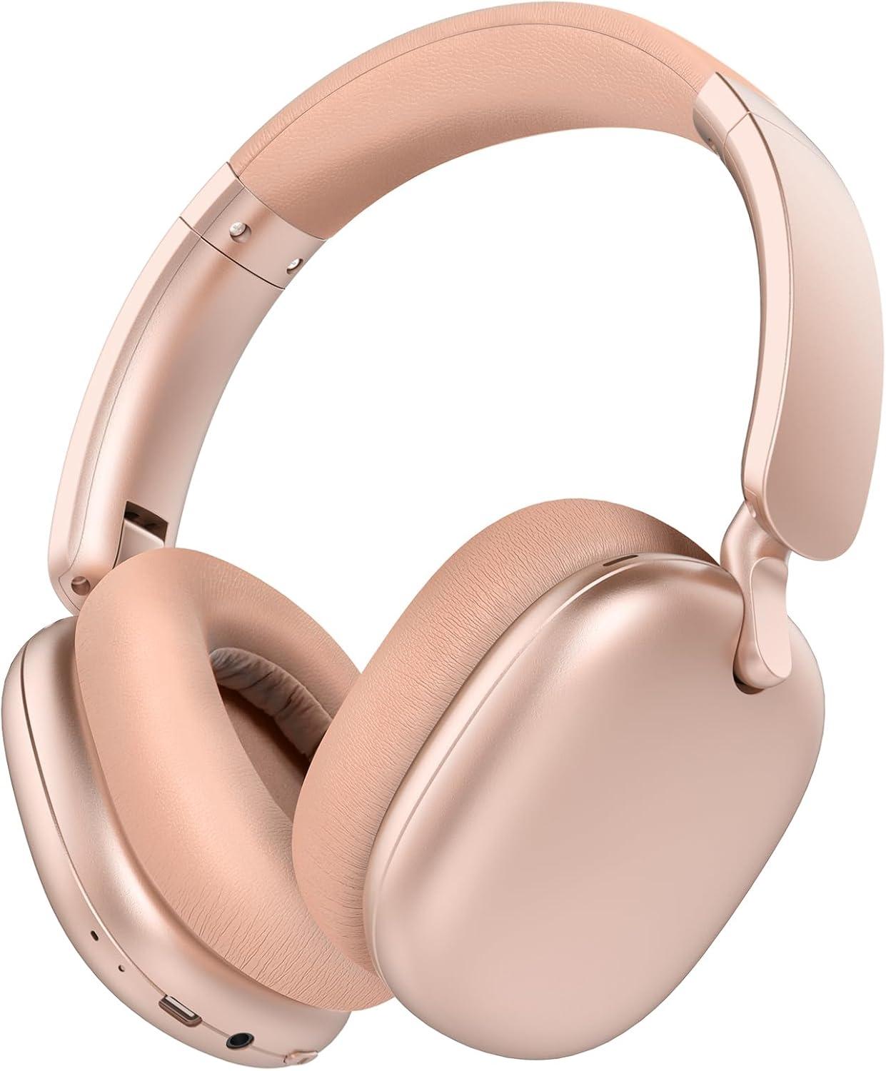 ZHINDVIS Wireless Bluetooth Headphones, 60H Playtime, Lightweight Folding Deep Bass Comfort Fit Ear Cups Headset with Mic for iPad/PC/Home Rose Gold
