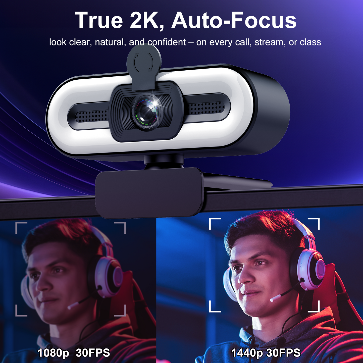 Geryst 2K HD Webcam with Autofocus, 3-Level Ring Light, 0.01Lux Low-Light Vision, 108° Wide-Angle USB Web Camera, Dual Noise-Canceling Mics, Privacy Cover & Tripod for PC Laptop, Streaming, Meetings, Black